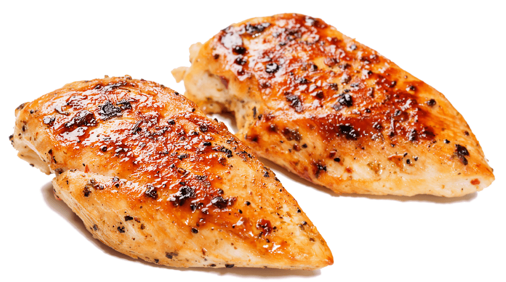 Cater Chicken - Two grilled chicken breasts with a golden-brown, slightly glazed surface and visible black pepper seasoning, placed on a white background.
