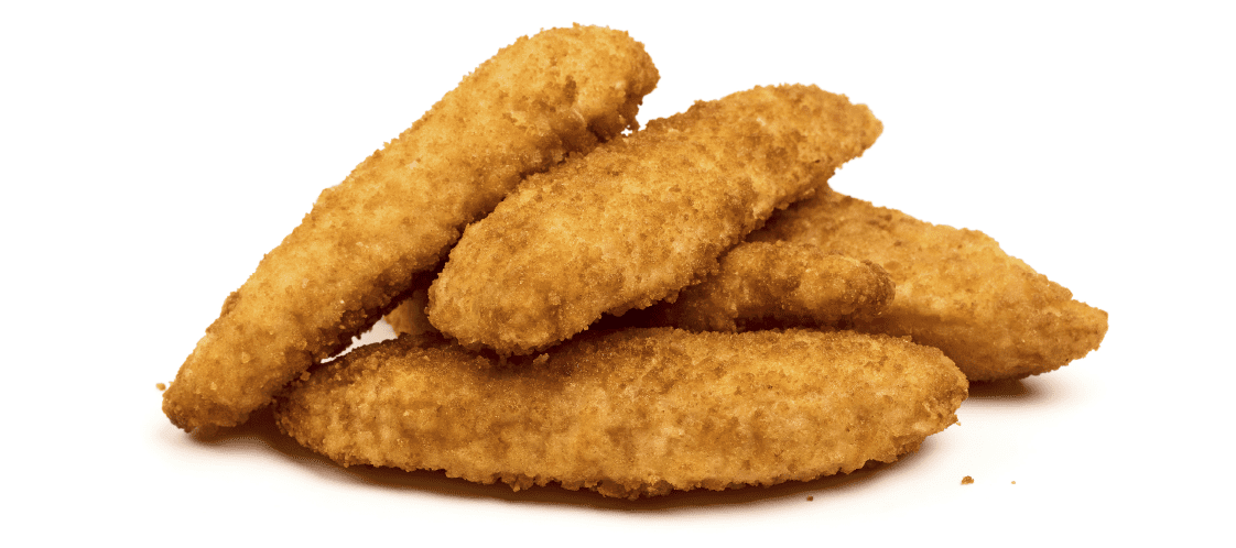 Chicken'tizers - A pile of crispy, golden-brown breaded chicken tenders arranged on a white background.